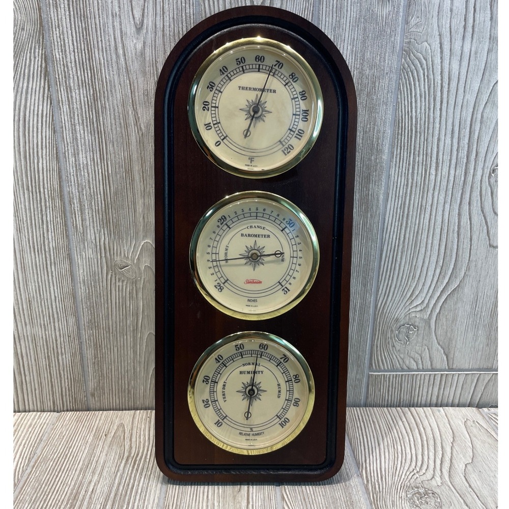 Vintage Sunbeam Weather Station Wood Plaque Thermometer Barometer Hygrometer USA